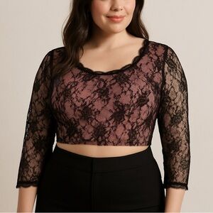 Vixen by Micheline Pitt Lace Crop Top XL NWT Pink Black Romantic Pinup Retro
